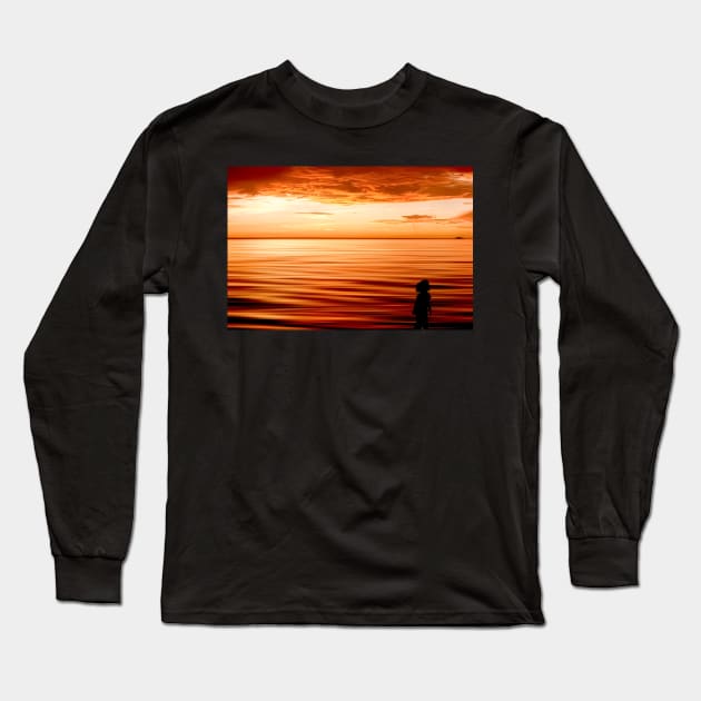 figure on the beach at sunset Long Sleeve T-Shirt by rickylabellevie